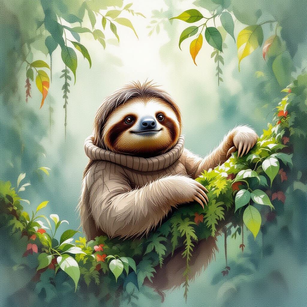 Sloth in Sweater, Watercolor Rainforest Scene