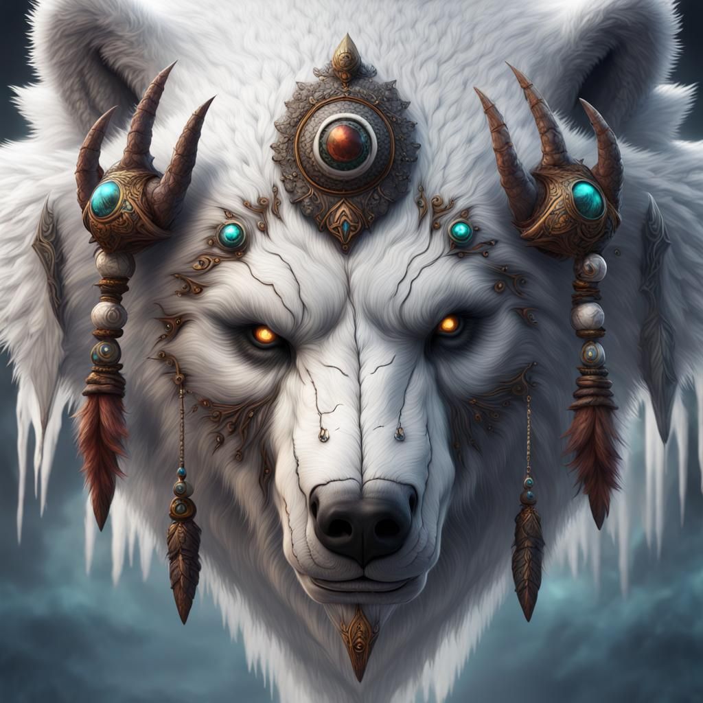Shaman with White Bear Head: Detailed Matte Painting
