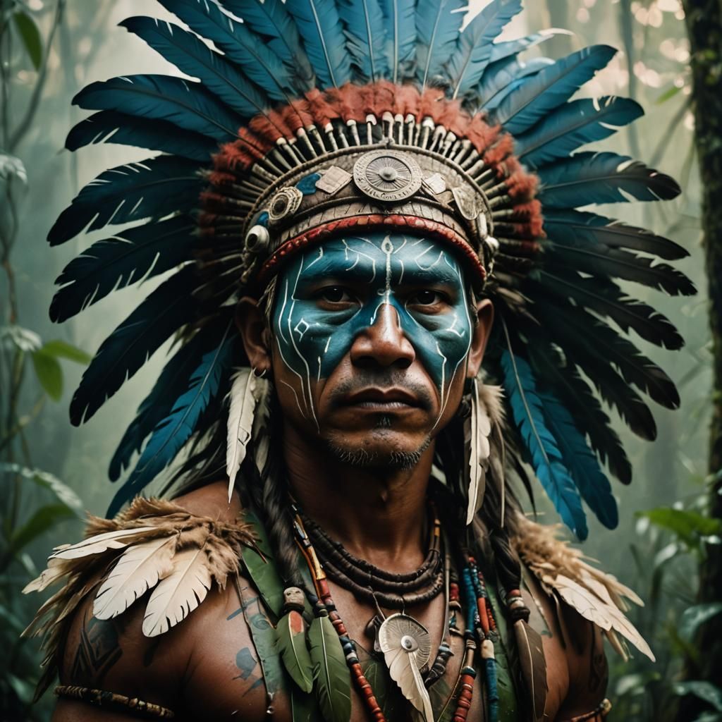 Ethereal Indigenous Warrior Portrait in Misty Jungle