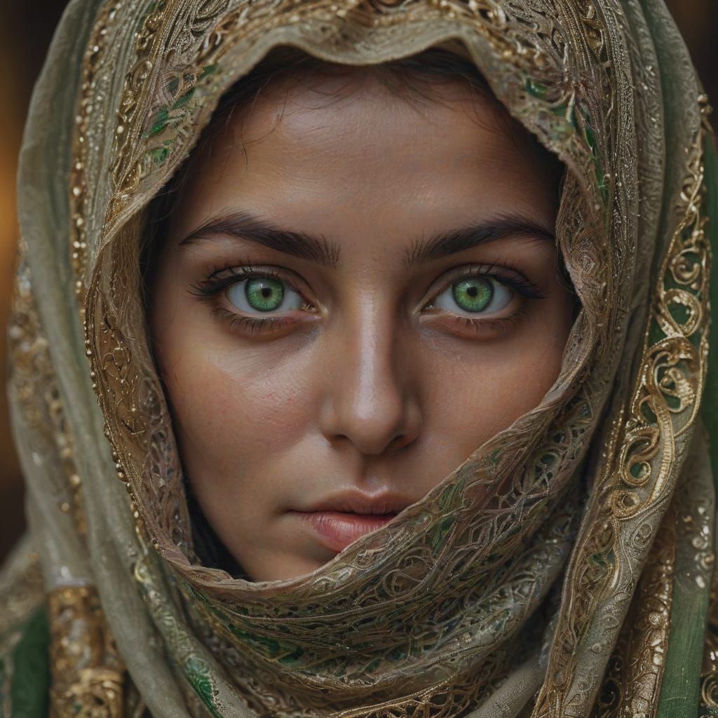 Hyperrealistic Portrait of Arabic Woman with Green Eyes