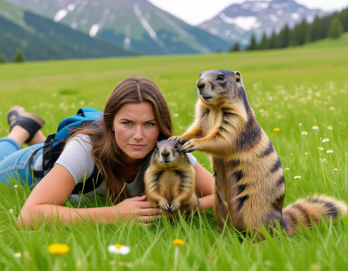 Photographer on Grass with Angry Marmots, Fisheye Lens