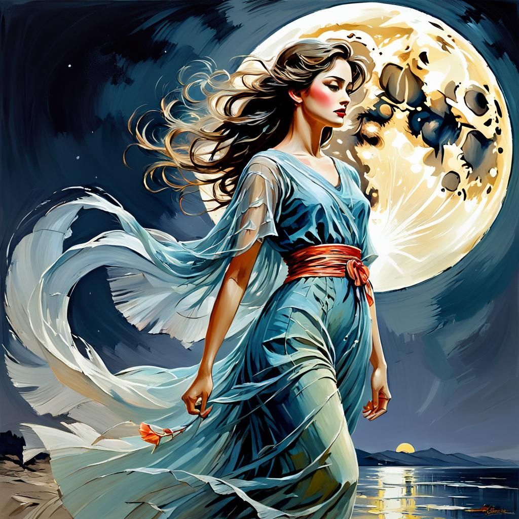 Vibrant Full Moon Palette Knife Oil Painting