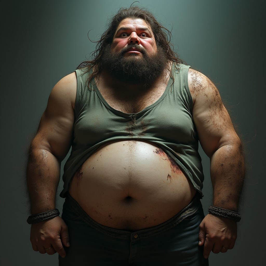 Ominous Figure in Tattered T-Shirt, Gnarly Details in Dark,....