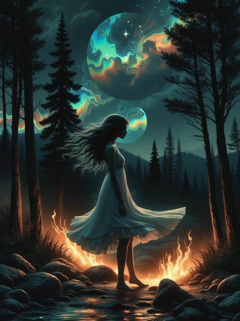 Girl Dancing by Campfire in Dreamlike Forest