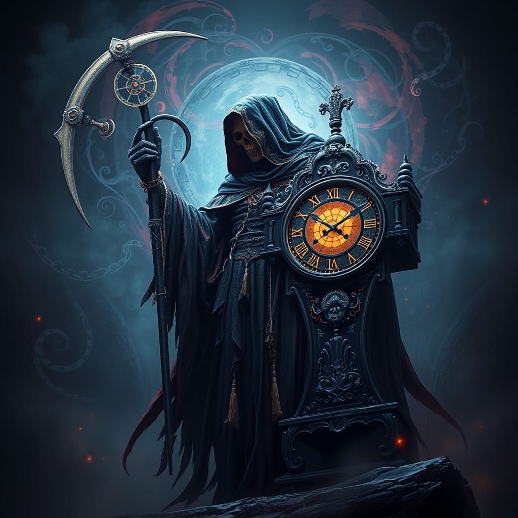Surreal Grim Reaper Beside Black Clock