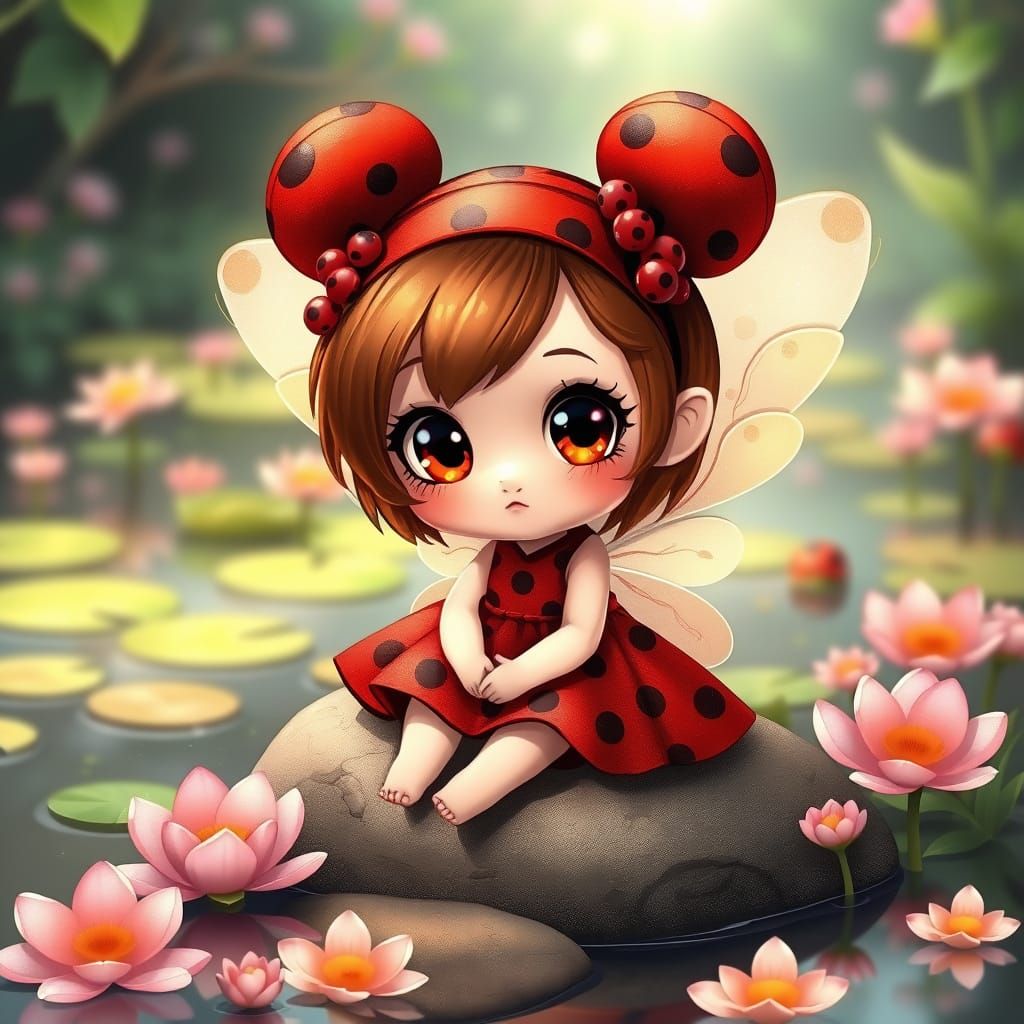 Cute Chibi Fairy Ladybug Girl in Fantasy Illustration