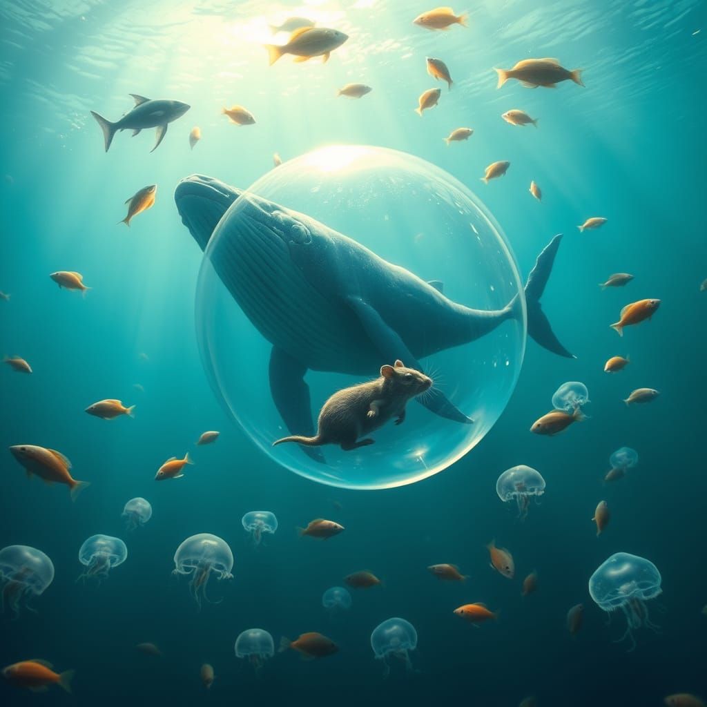 Whale and Shrew Companionship in Luminous Underwater World