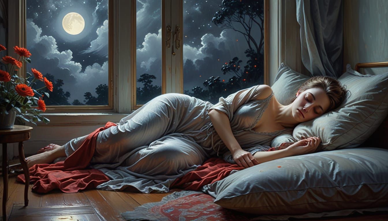 Art Nouveau Painting of a Woman Sleeping in Moonlight
