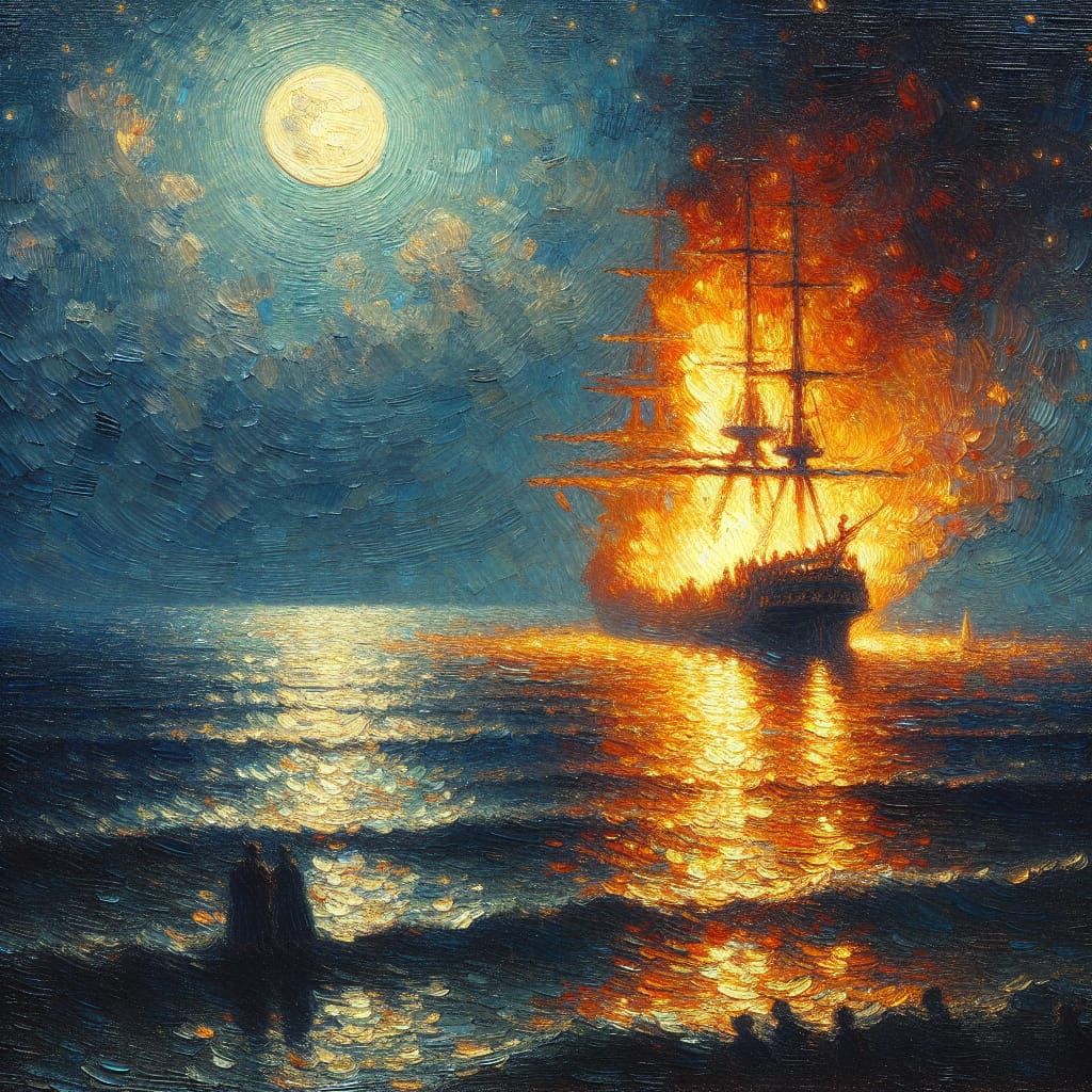 Ship Ablaze at Sea in Impressionist Style