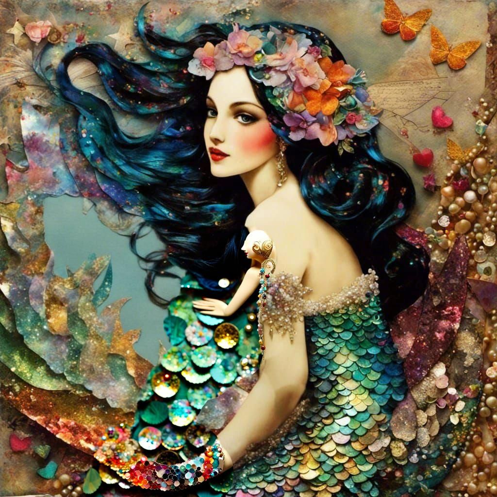 Vibrant Mermaid Collage in Mixed Media Style