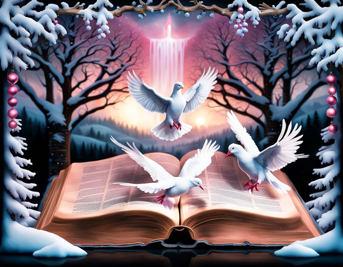 Open Bible with Winter Waterfall in Decoupage Style