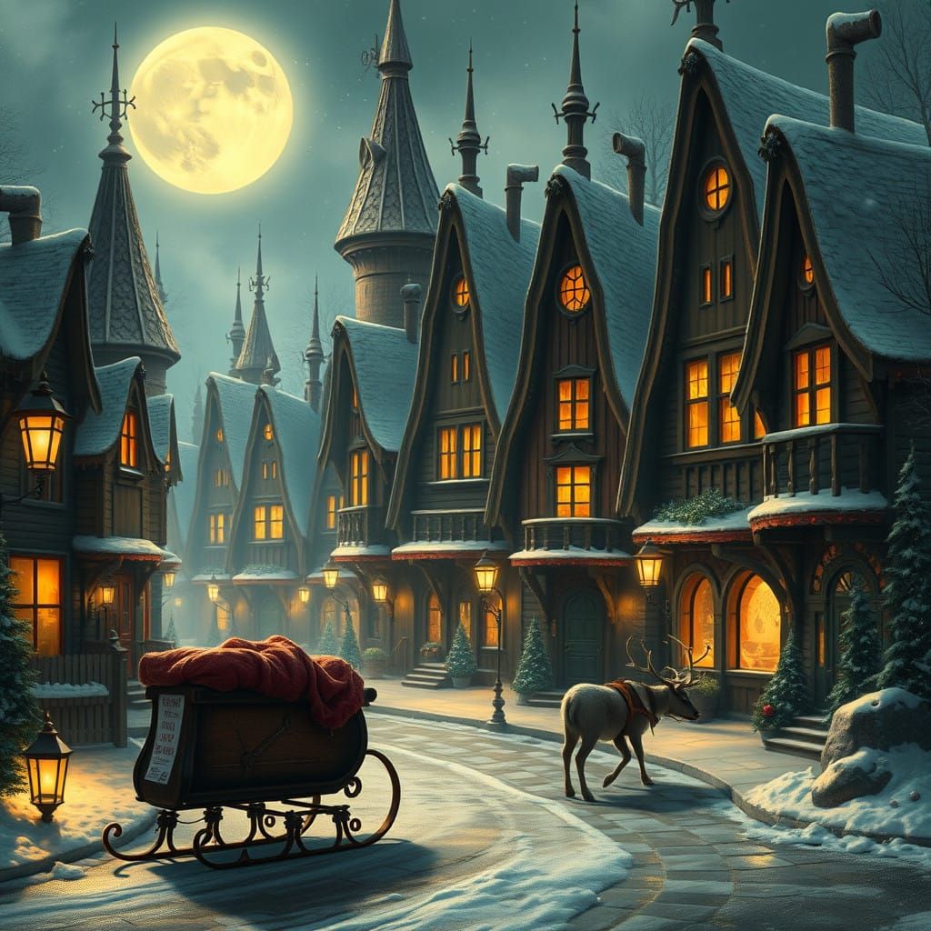 Mystical Moonlit Village Scene in Whimsical Futurism