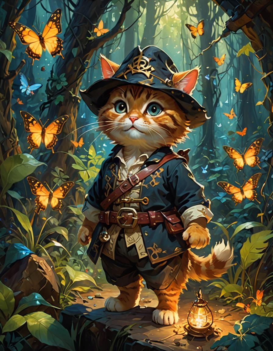 Chubby Cat Pirate in Dark Forest, Oil on Canvas