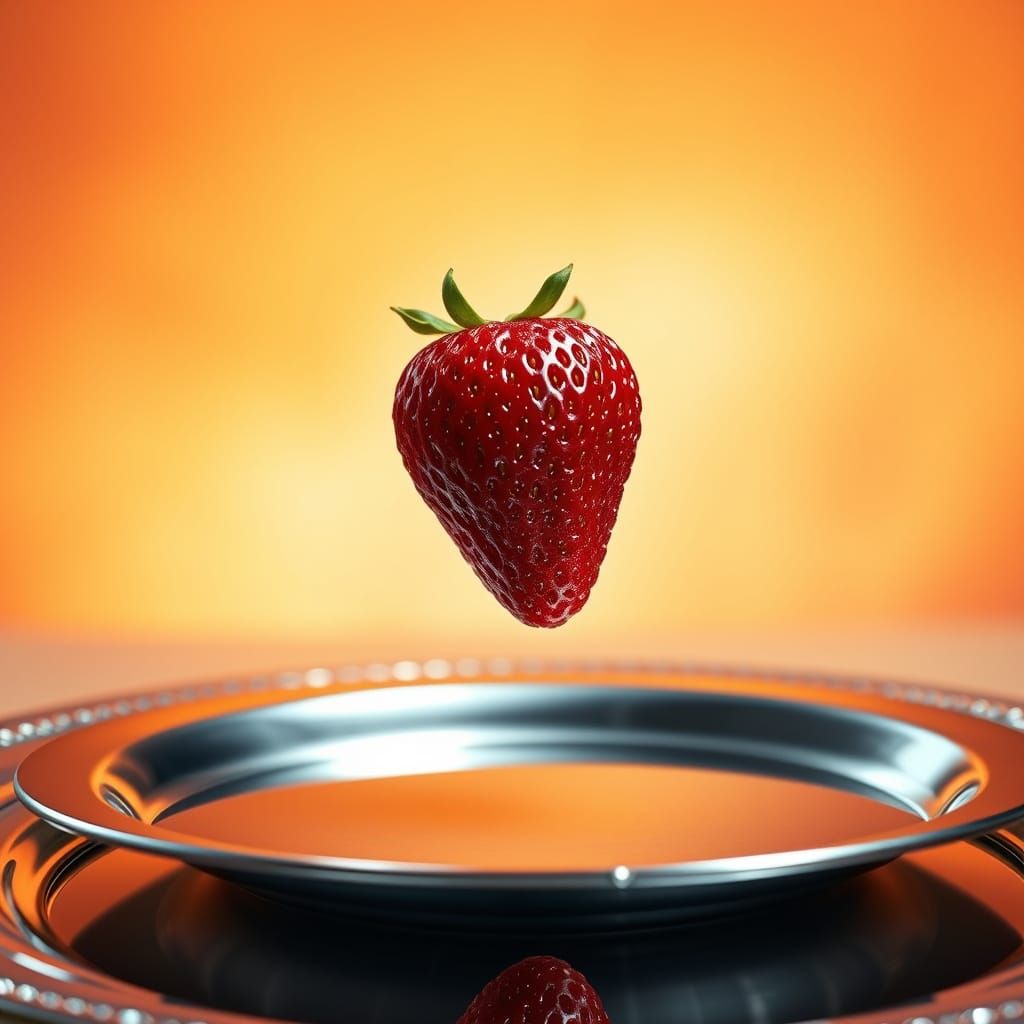 Glistening Strawberry Levitating Above Silver Platter
