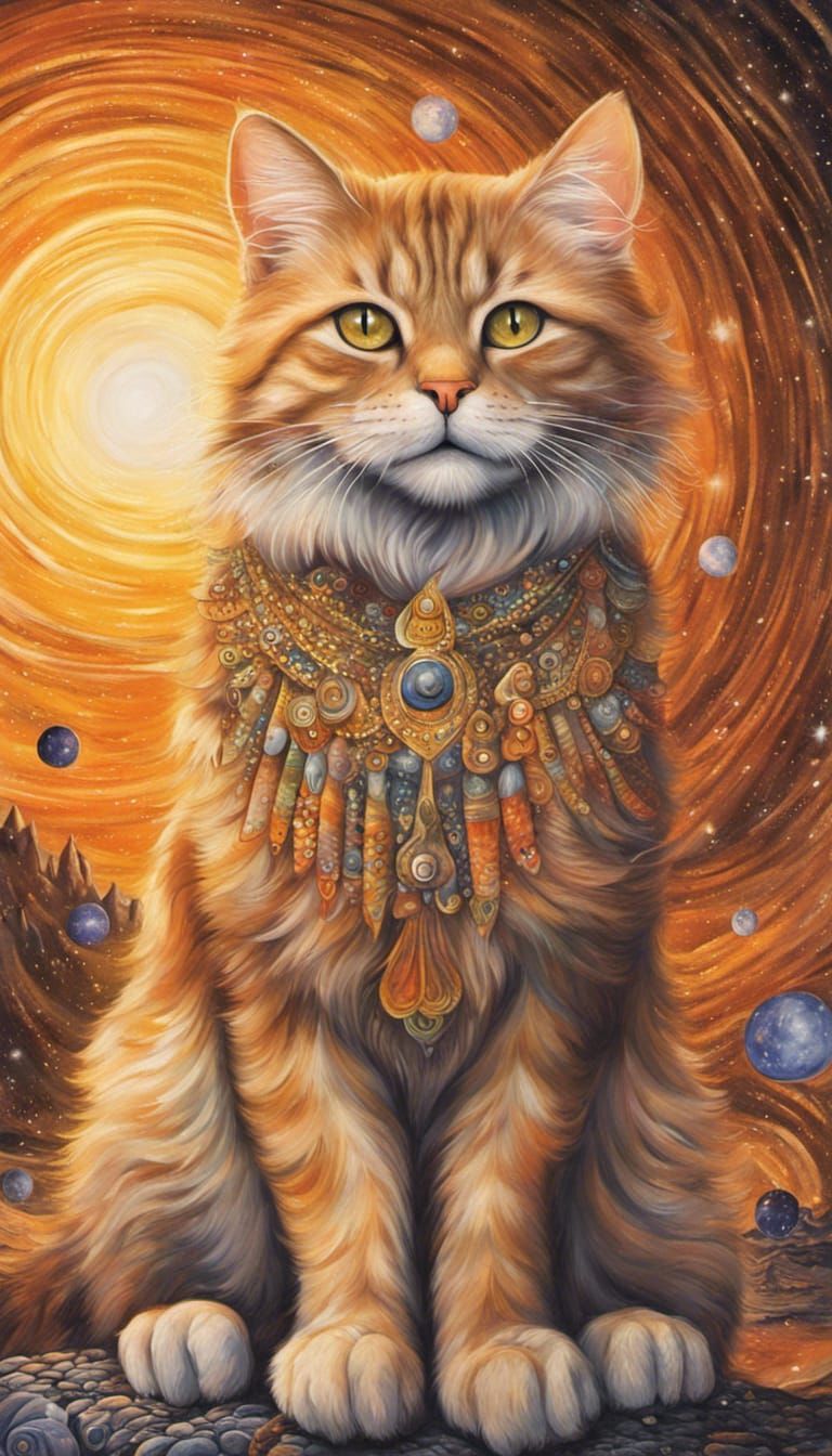 Meditative Tabby Cat in Cosmic Landscape