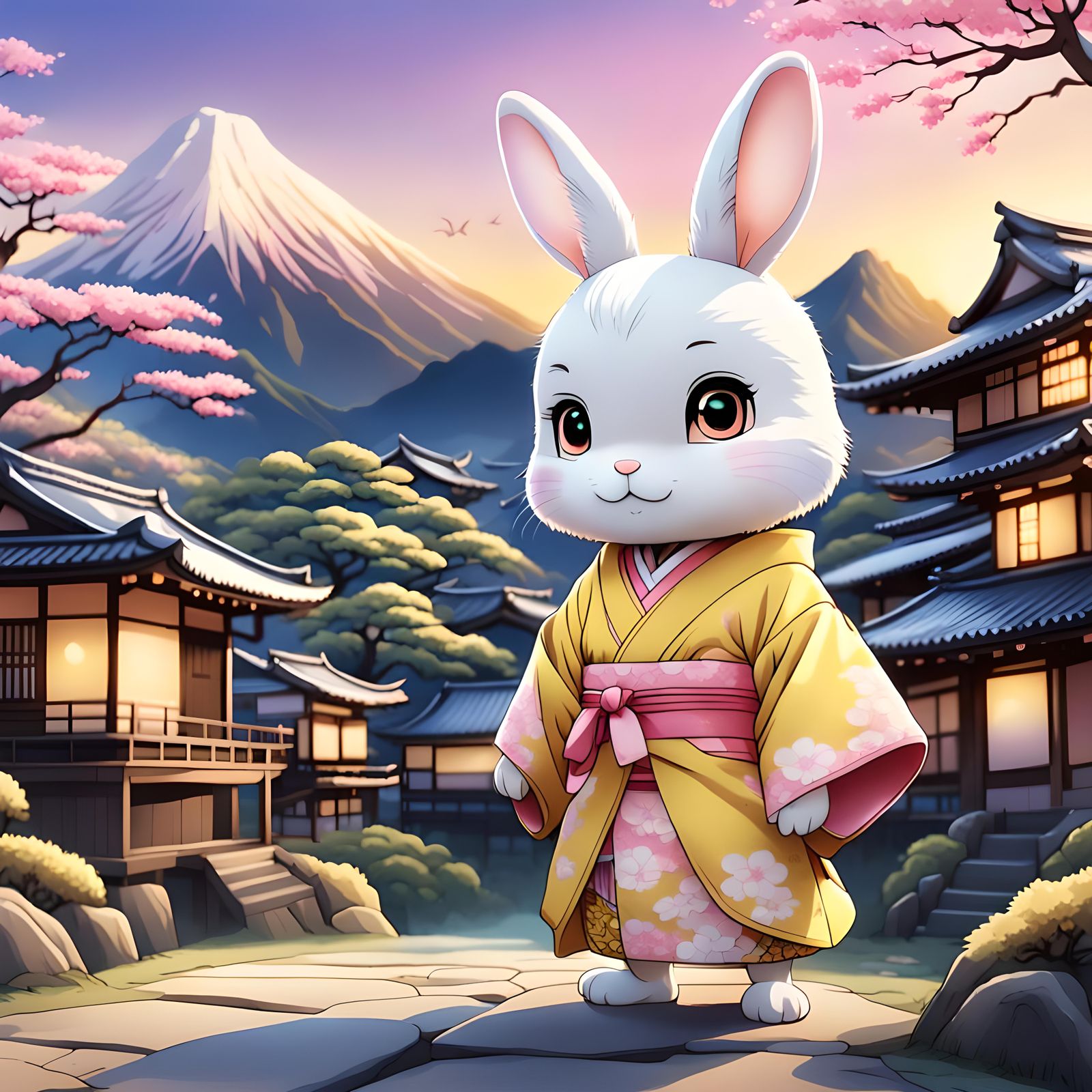 Chibi Rabbit in Kimono: Manga-Style Illustration