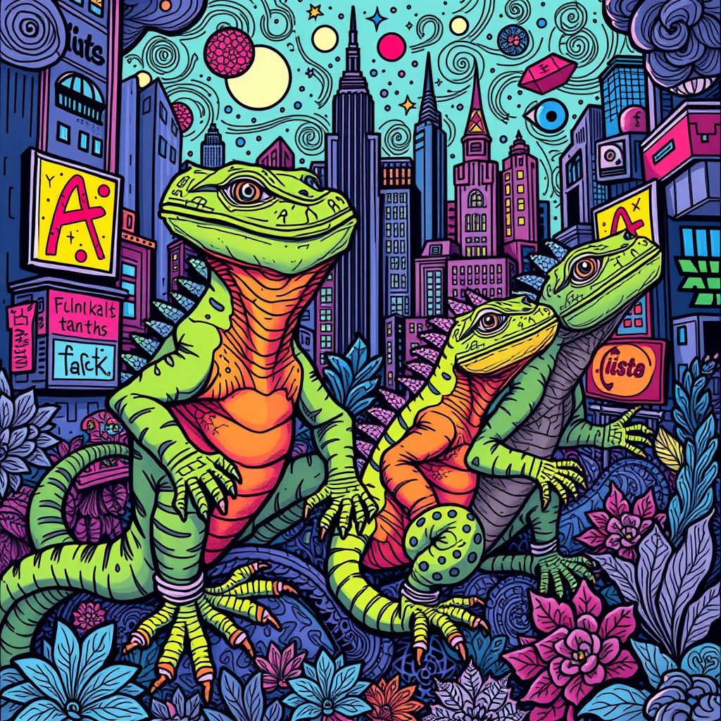 Psychedelic Doodle World of Iguanas in Cityscape
