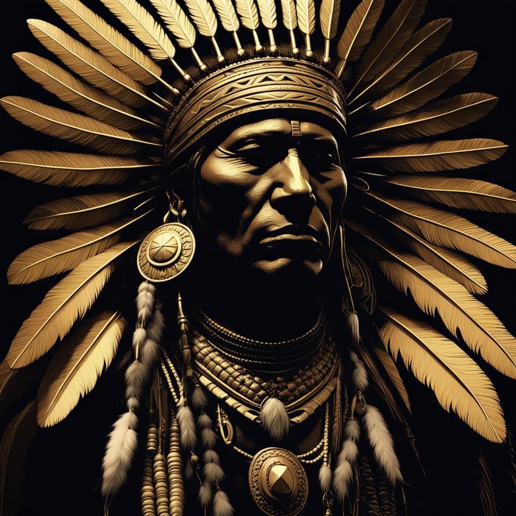 Monochrome Native American Profile Silhouette in Gold and Bl...