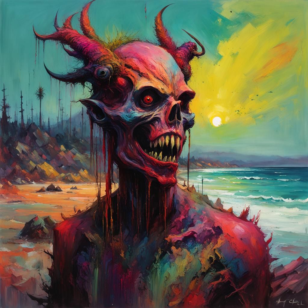 Skinless Nuckelavee on Seashore in Fauvist Style