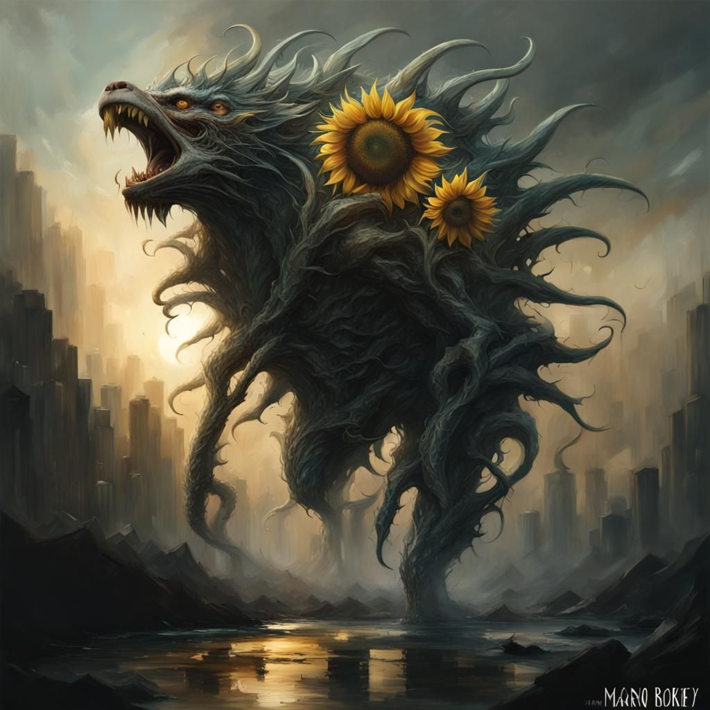 Sunflower Monster Chasing Sun: Photorealistic Acrylic Art