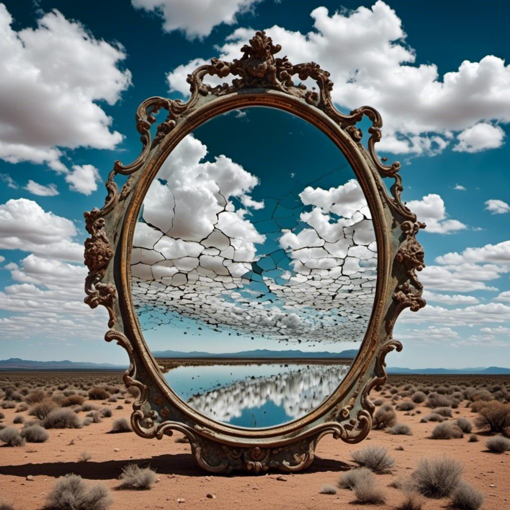 Cracked Mirror Reflecting Cloudy Sky in Painterly Realism