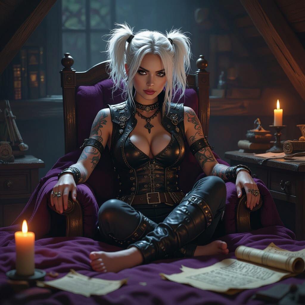 Woman in Cabin with Scrolls in Digital Art Style