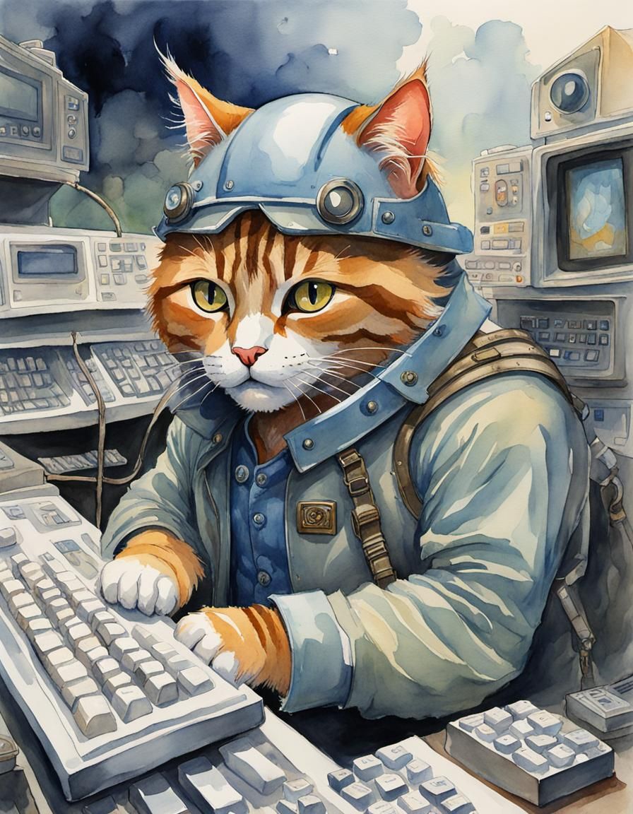 Crypto Cat Keyboard Warrior in Watercolor Style