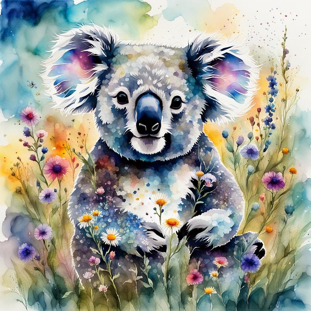 Koala Cub in Wildflower Meadow, Watercolor Style