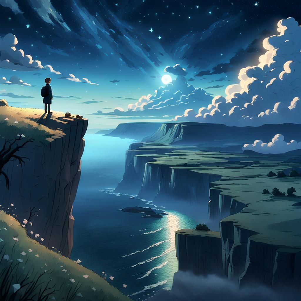 Ethereal Figure on Cliff Under Moonlight