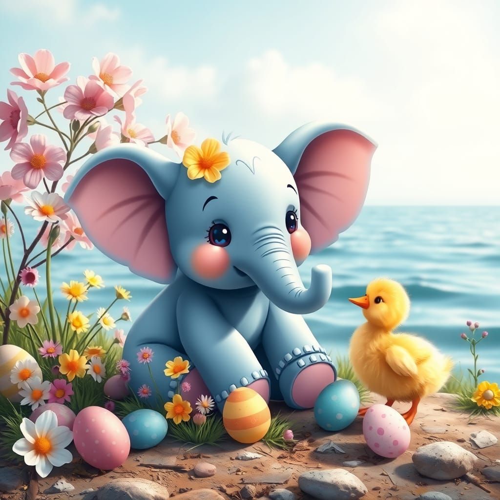 Whimsical Easter Scene with Elephant and Duckling