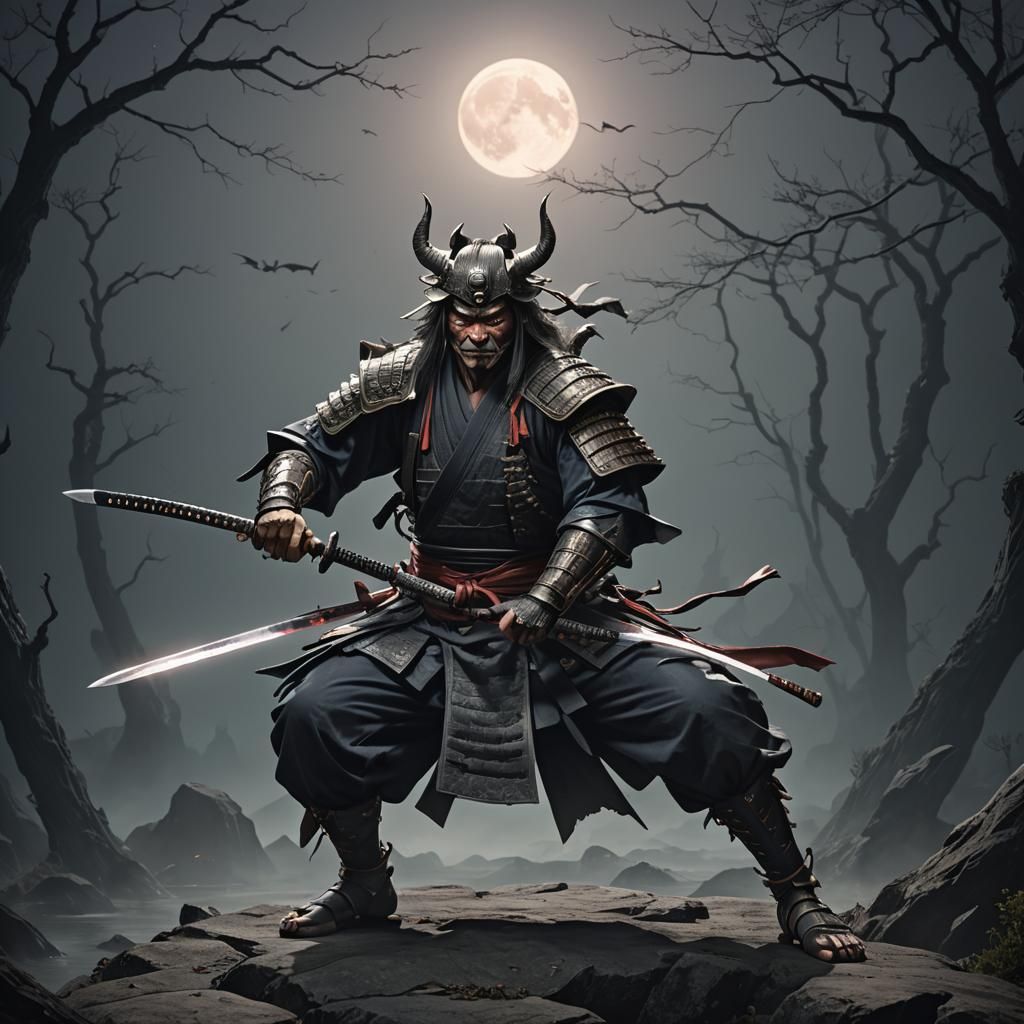 Demon samurai crouching holding his blade