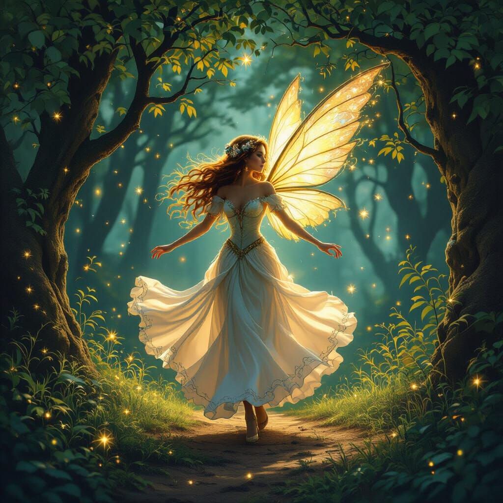 Enchanting Fairy Dancing in Sunlit Forest