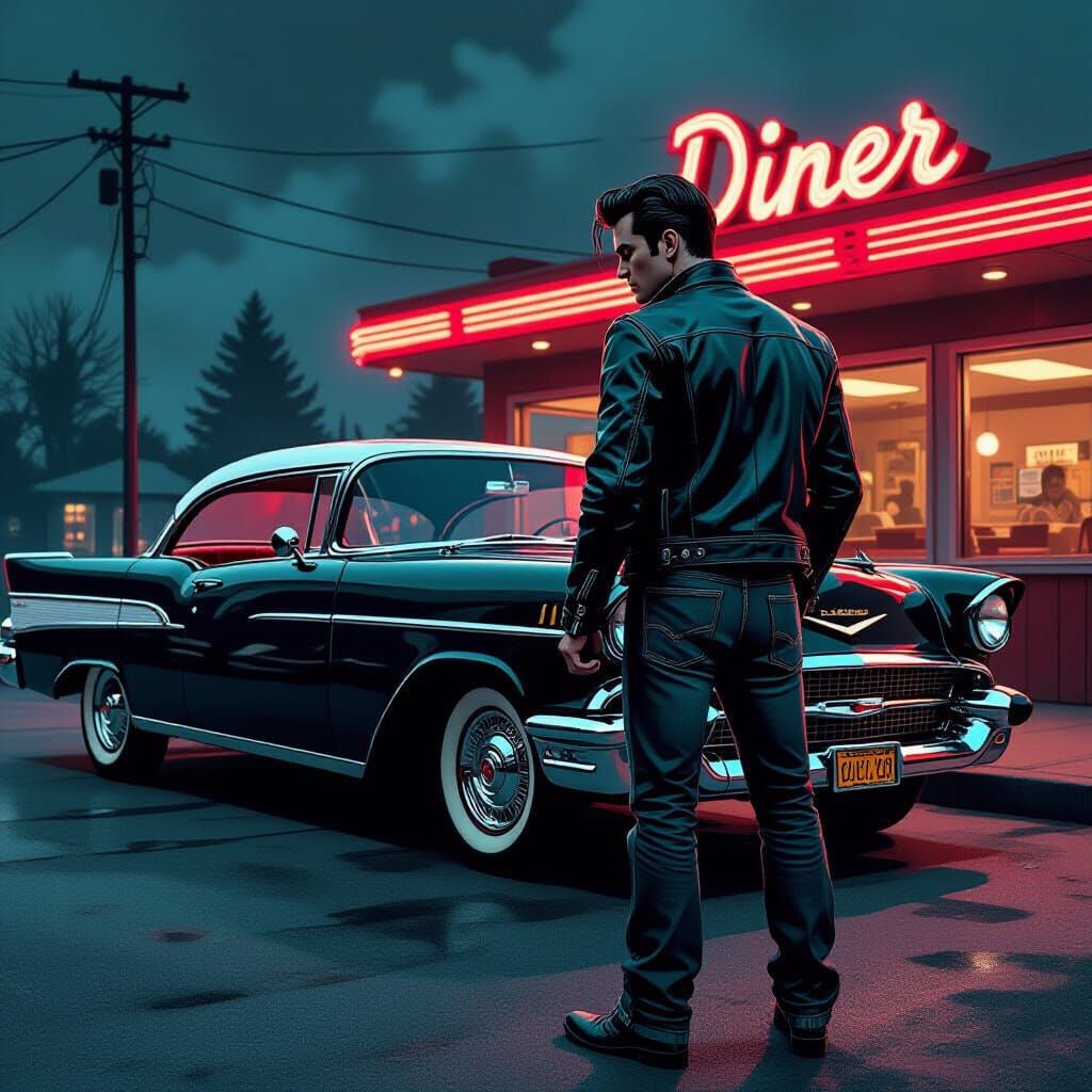 Greaser and 1957 Chevy Bel Air in Film Noir Style