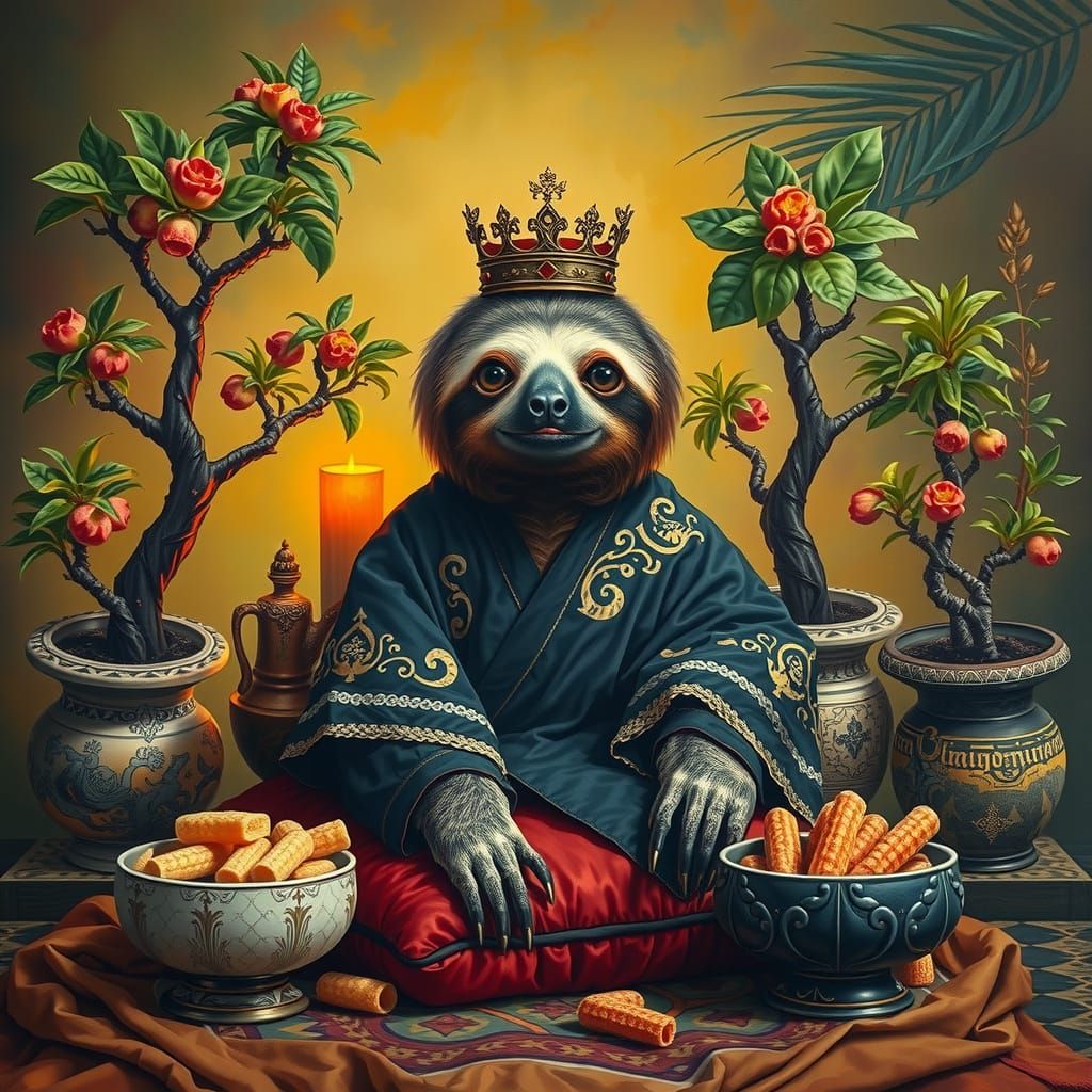 Regal Sloth in Gummy Worm Paradise, Oil on Canvas