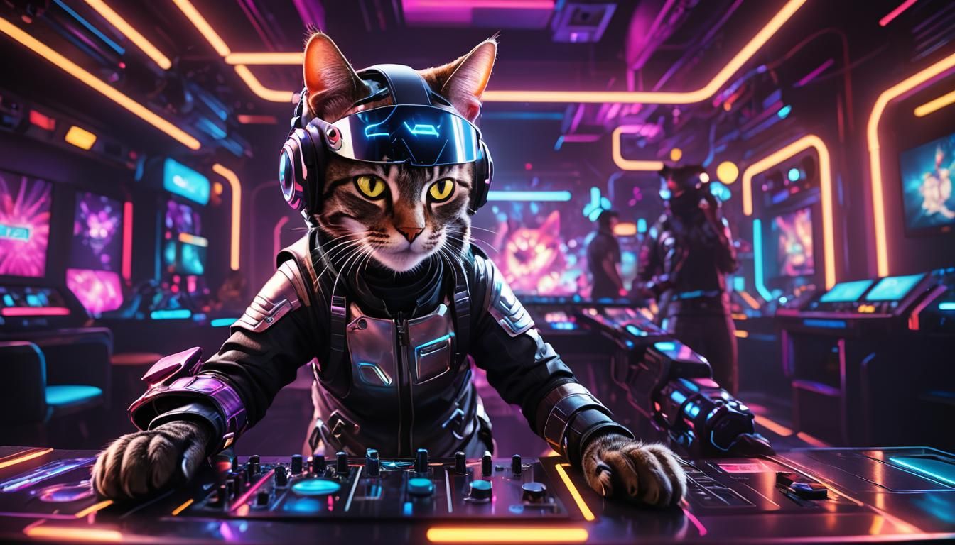 Cat DJ in Neon Nightclub: 3D Game Art
