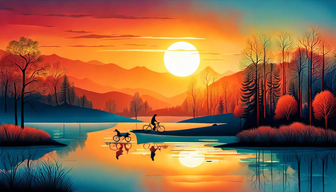 Woman Cyclist at Lake in Blue Hour Painting