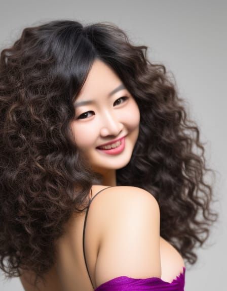 Hyperrealistic Japanese Girl with Curly Hair and Swimsuit