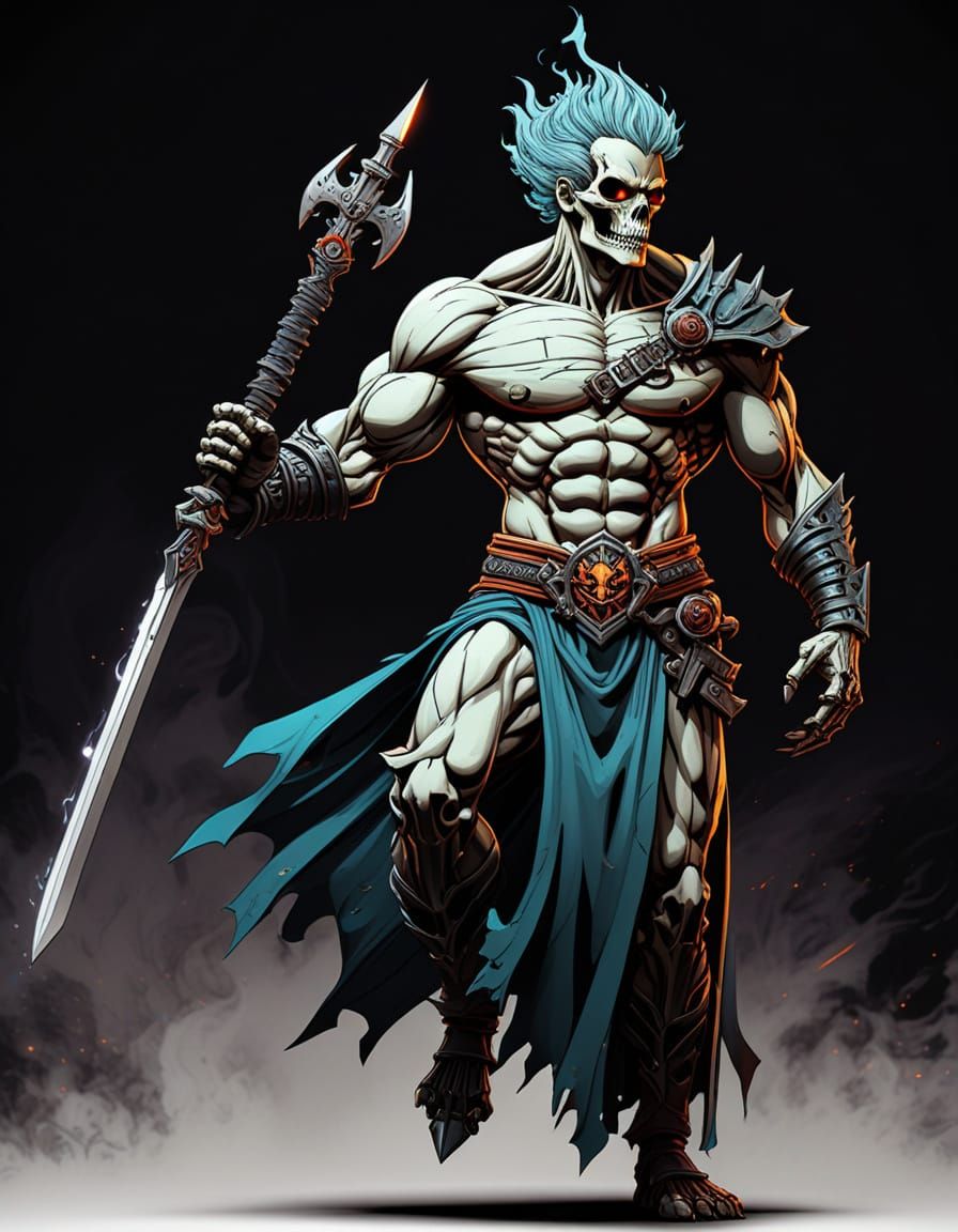 Retro Futuristic Skeletal Warrior Wields Fire Elemental Swor...