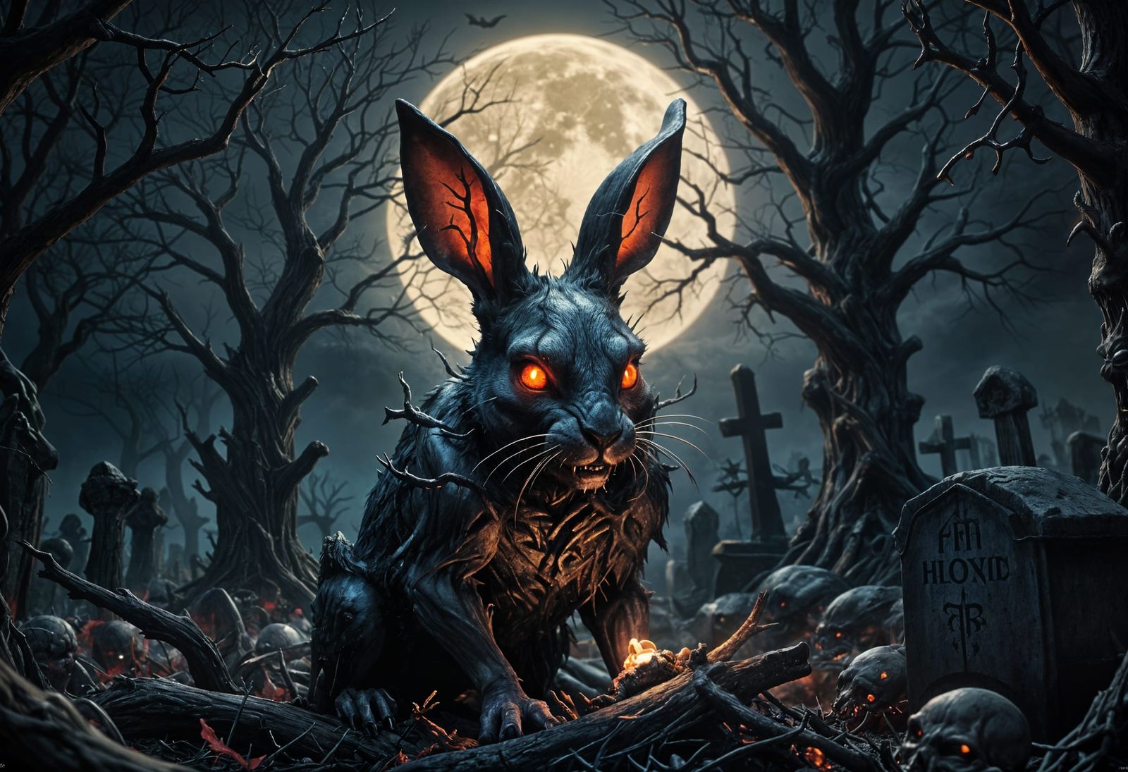 Demonic Rabbit in Graveyard: Dark Fantasy Art