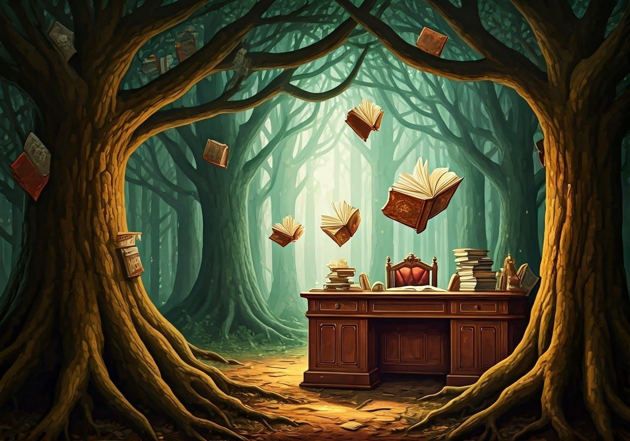 Whimsical Woodland Library in Gouache Style