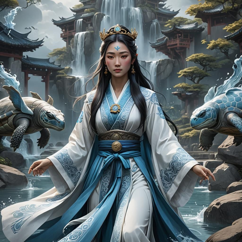 Immortal Water Tribe Lady in Flowing Azure Robes