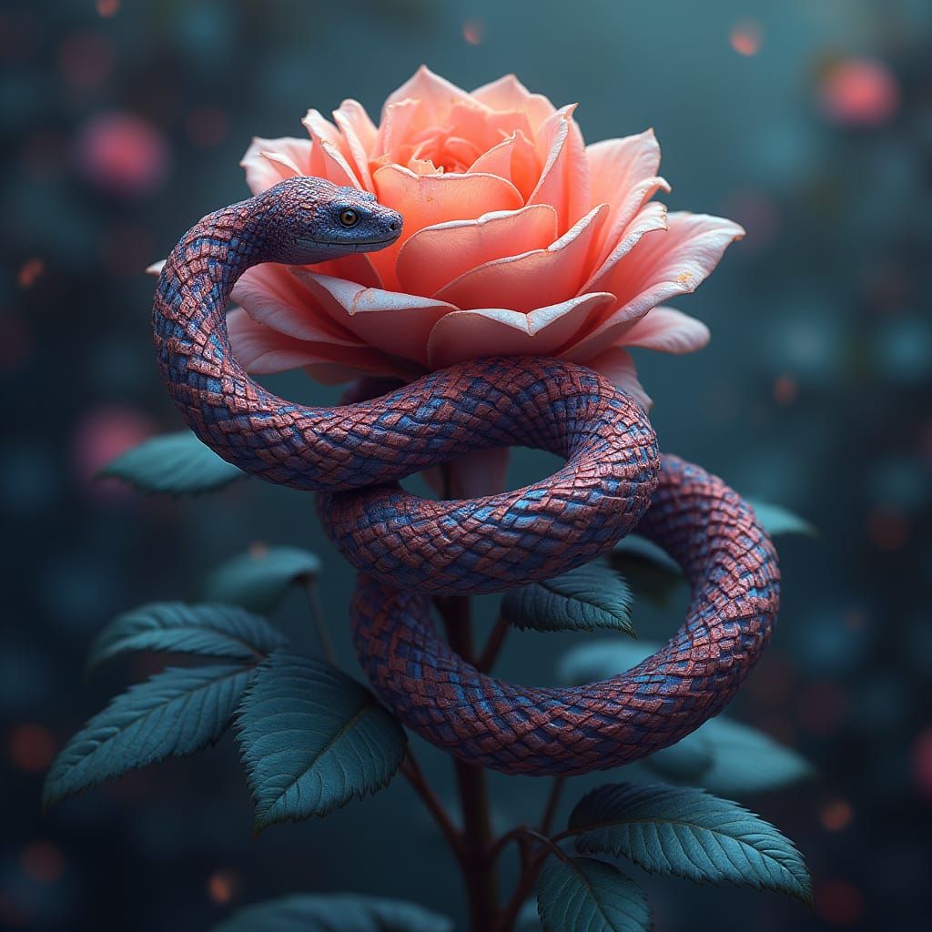 Fractal Snake Coiled Around Blooming Rose