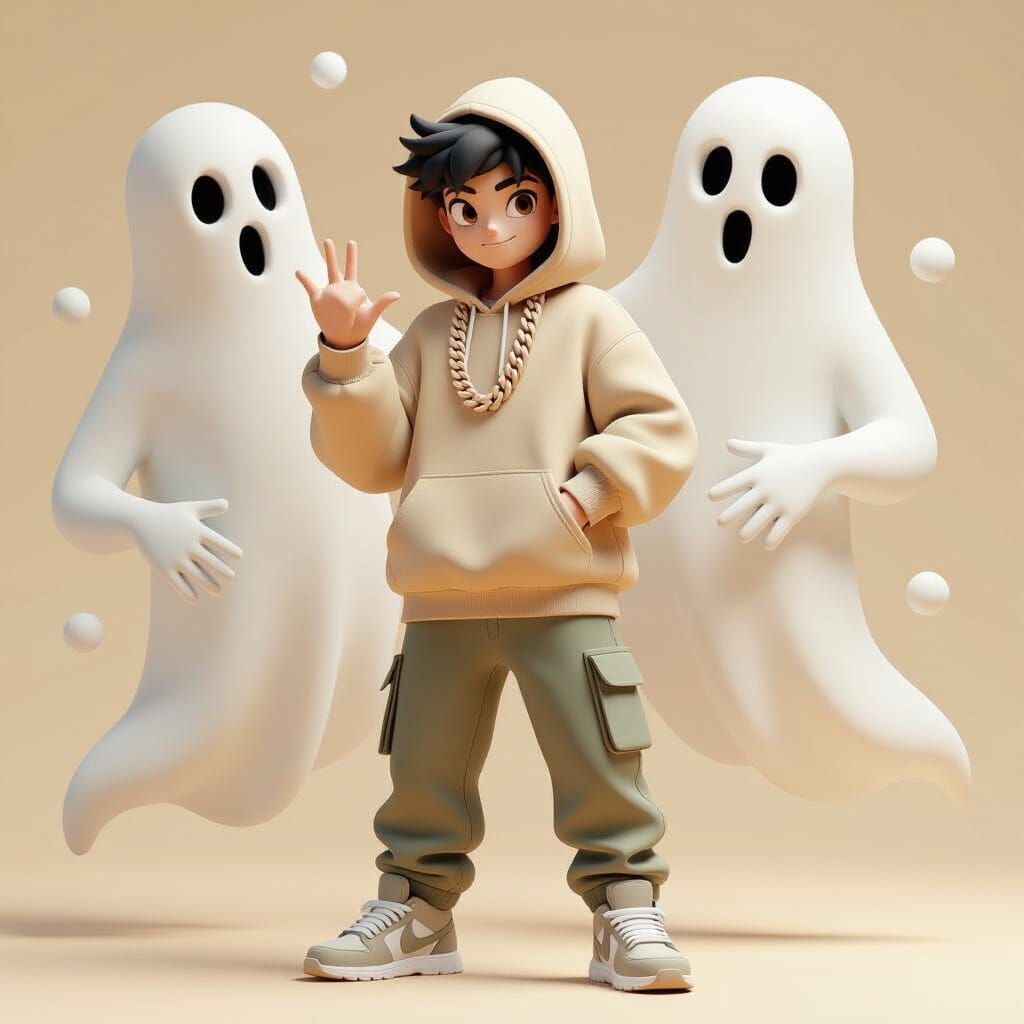 Trendy Teen with Ghost in Low-Poly 3D Style