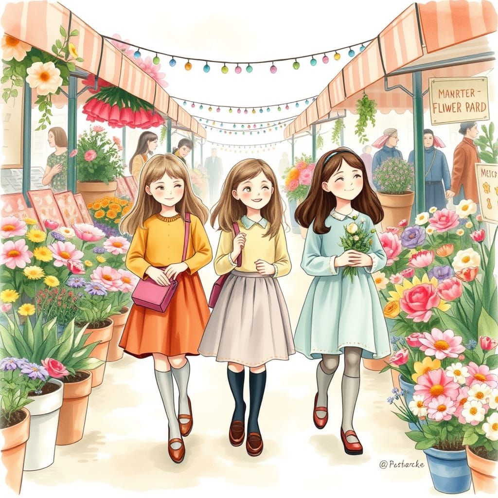 Girls walking through flower market