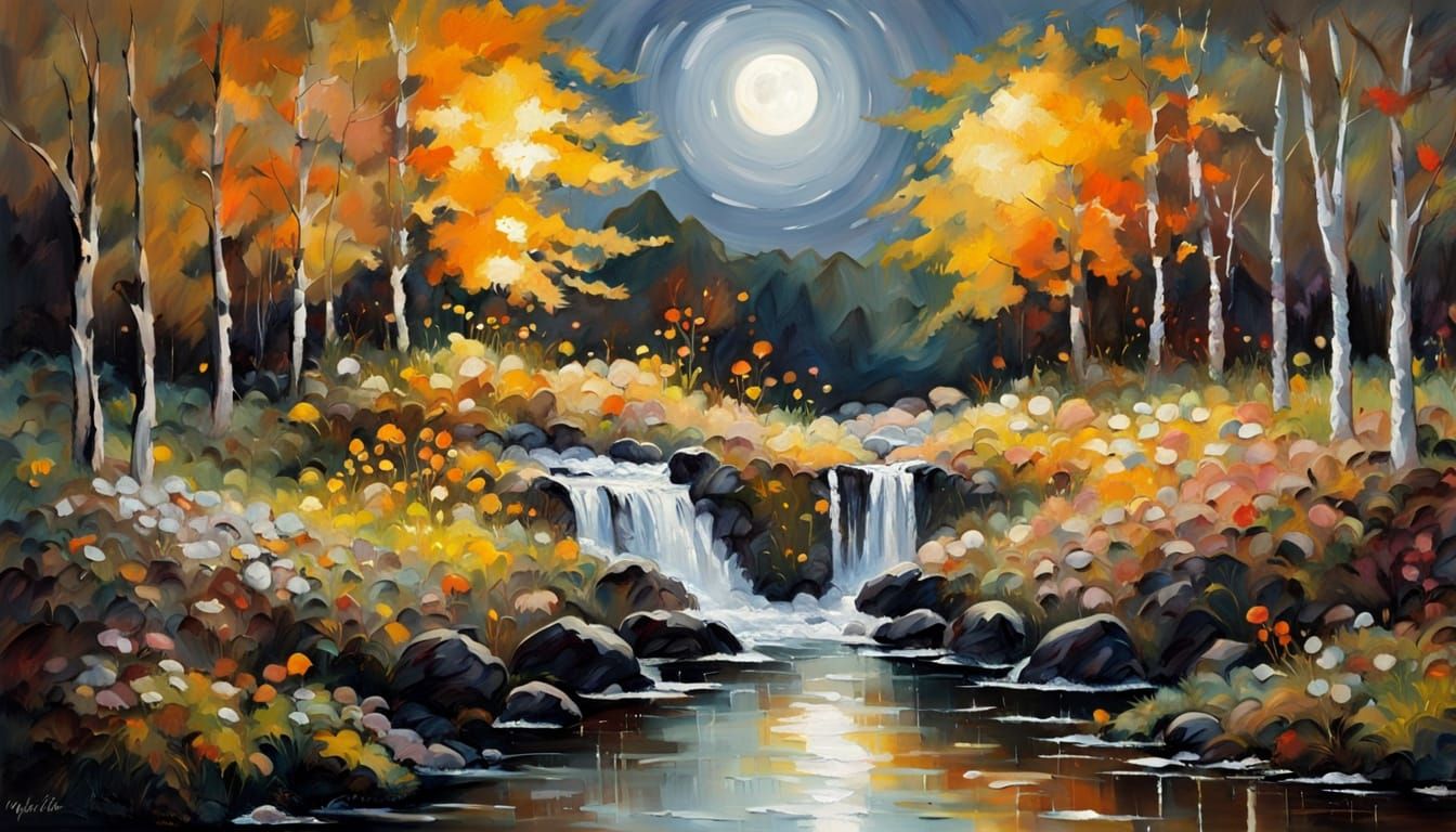 Moonlit Autumn Woodland Garden Waterfall Impasto Painting