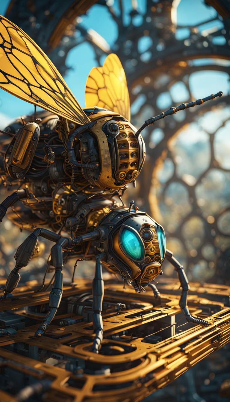 Mechanical Bee Portrait in Solar Punk Style