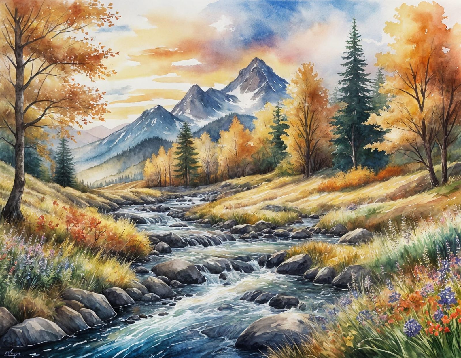 Watercolor Sunset Mountains and Autumn Forest