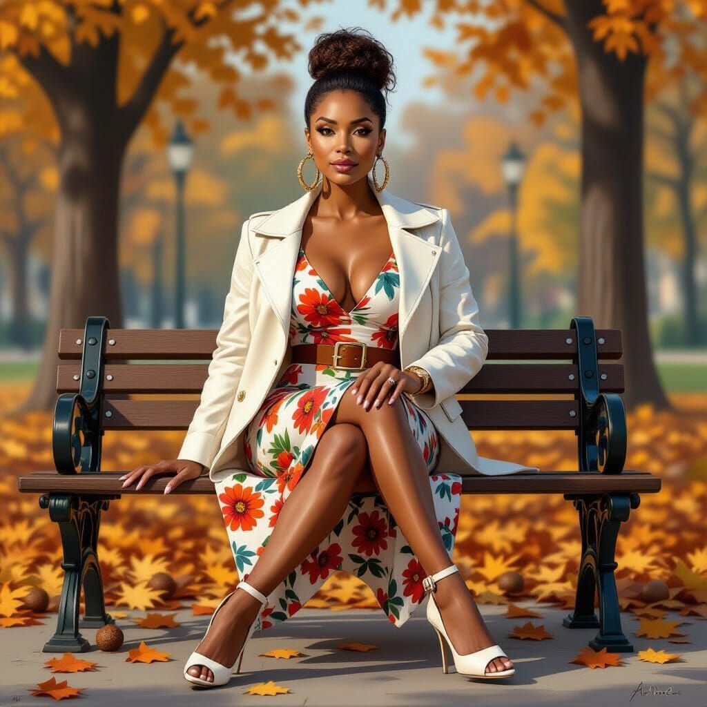 Mulatto Woman in Autumn Park: Realistic Digital Art