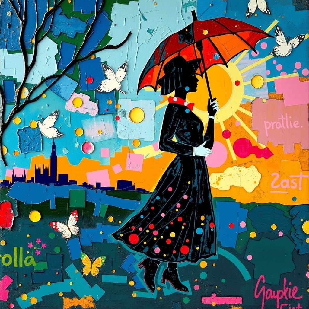 Mary Poppins Silhouette in Neo-Impressionist Style