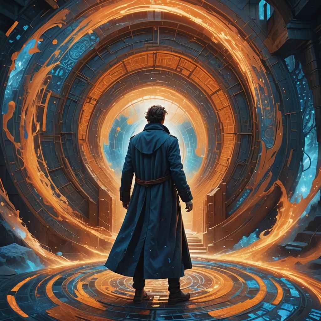 Time Traveler Steps Through Portal in Matte Painting Style